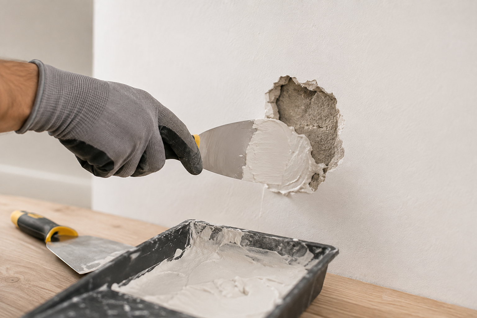 Une étagère qui a bougé, un déménagement, une porte qui a claqué trop fort contre le mur : les trous dans les murs font partie du quotidien de toute maison habitée. Bonne nouvelle, c'est aussi l'un des gestes de bricolage les plus accessibles qui soit. Que tu aies affaire à un simple trou de cheville ou à un impact plus conséquent, la réparation est à ta portée avec le bon matériel et un peu de méthode. Dans ce guide, tu vas apprendre à diagnostiquer le type de trou et de mur auquel tu as affaire, puis à appliquer la technique adaptée, que ce soit sur du plâtre, du placo ou du béton. On termine avec les astuces pour obtenir une finition invisible sous la peinture, ainsi que les erreurs à ne surtout pas commettre. Comment identifier le type de trou et le matériau de ton mur ? Avant de choisir ta méthode et tes produits, tu dois répondre à deux questions simples : quelle est la taille du trou, et sur quel matériau te trouves-tu ? Le test du son pour identifier le matériau Tapote le mur : un son creux trahit du plâtre ou du placo, un son mat indique du béton ou de la brique. Cette astuce toute simple te permet de savoir immédiatement quel type de produit utiliser et quelle technique adopter. Deco-jardin-maison Classer la taille du trou Un petit trou, généralement moins d'1 cm, provient souvent d'un clou ou d'un impact léger. Les trous moyens, entre 1 et 5 cm, ou les grands trous de plus de 5 cm, traversent souvent le plâtre et nécessitent parfois un renfort. Deco-jardin-maison Taille du trou Cause fréquente Technique adaptée Moins d'1 cm Clou, vis, cheville Enduit ou mastic simple 1 à 5 cm Impact, poignée de porte, meuble déplacé Bourrage puis enduit en plusieurs couches Plus de 5 cm Choc important, arrachage de placo Découpe et renfort avec un morceau de plaque Fissure fine Mouvement léger du bâtiment Enduit de rebouchage élastique Fissure large ou active Mouvement structurel Recherche de la cause et avis d'un professionnel recommandé Brico.be Le cas particulier des fissures Si tu n'as pas un trou mais une fissure importante dans le mur, recherches-en la cause et envisage de faire appel à un plâtrier pour obtenir les meilleurs résultats. Les petites fissures, en revanche, peuvent être réparées toi-même avec un enduit de rebouchage élastique ou modelable. Une fissure est considérée comme "morte", donc réparable sans risque, quand son écart ne varie plus dans le temps. Brico.be De quel matériel as-tu besoin ? Le matériel varie selon la taille du trou et le matériau de ton mur, mais voici la base à avoir sous la main. Outil / Matériel Utilité Prix indicatif Grattoir triangulaire Retirer les parties friables 5 à 12 € Brosse époussette Dépoussiérer le trou 5 à 8 € Couteau à enduire Appliquer l'enduit 5 à 15 € Platoir large Lisser sur les grandes surfaces 10 à 20 € Enduit de rebouchage (poudre ou pâte) Combler le trou 8 à 20 € Colle à carreaux de plâtre Alternative souple pour le plâtre 10 à 18 € Papier journal froissé Créer un fond pour les trous moyens Récupération Plaque de plâtre (chute) Réparer un gros trou en placo 5 à 15 € la chute Tasseaux ou montants métalliques Support du morceau de plaque 3 à 8 € l'unité Bande à joint (calicot) Masquer les raccords 5 à 10 € le rouleau Papier abrasif à grain fin Poncer la finition 3 à 8 € Sous-couche ou primaire Uniformiser avant peinture 15 à 25 € L'astuce à connaître pour les plaques de plâtre Pour les plaques de plâtre en particulier, fais passer en force dans le trou une bonne boule de papier journal froissé, en laissant juste dépasser ce qu'il faut pour la maintenir en place. Sinon, le papier va tomber derrière et tu n'auras plus qu'à recommencer. Cette technique toute simple crée un fond solide sur lequel l'enduit pourra s'appuyer sans s'enfoncer dans la cloison. Pages Jaunes Comment reboucher un petit trou (clou, vis, cheville) ? C'est le cas le plus fréquent et le plus simple à traiter. Il se règle généralement en 15 minutes de travail effectif. Étape 1 : nettoie le trou Assainis d'abord ton mur : la surface doit être nette et propre. S'il y a des parties friables, détache-les en les grattant avec un grattoir triangulaire, puis débarrasse le trou des matières pulvérulentes avec une brosse époussette ou un aspirateur. Enduireunmur Étape 2 : prépare ton enduit Dans une auge ou un seau, prélève avec ton couteau à enduire deux doses de poudre pour une dose d'eau. Mélange la préparation en écrasant bien les grumeaux jusqu'à obtenir une pâte onctueuse et homogène. Enduireunmur Étape 3 : applique et lisse Si tu travailles sur du plâtre ou du ciment, humidifie légèrement l'intérieur du trou avec une éponge pour une meilleure adhérence de l'enduit. Applique une première fois dans le sens du trou, puis repasse dans des sens différents. Lisse le bord avec ton couteau incliné à environ 45 degrés pour retirer l'excédent, puis laisse sécher. Enduireunmur N'applique jamais l'enduit en surépaisseur, au risque de former des bosses difficiles à poncer. Si la surface n'est pas parfaitement plane ou qu'il y a eu du retrait au séchage, effectue une nouvelle passe, puis ponce si nécessaire. Enduireunmur Le cas particulier des trous de cheville dans du béton Avant de reboucher un trou dans un mur en béton, vérifie qu'il n'y a pas de morceaux détachés autour du trou et retire-les au couteau si besoin. S'il reste une vieille cheville dans le trou, retire-la en vissant une vis dedans puis en tirant l'ensemble. Brico.be Comment reboucher un trou moyen dans un mur en plâtre ? Pour un trou entre 1 et 5 cm, la méthode du simple enduit ne suffit généralement pas : il faut d'abord recréer un fond. Étape 1 : crée un fond de bourrage Pour les matériaux creux comme le placo, ce bourrage est nécessaire pour recréer un fond propice à recevoir l'enduit. Utilise la technique du papier journal froissé décrite plus haut, en tassant fermement la boule dans le trou sans qu'elle ne tombe à l'intérieur de la cloison. Pages Jaunes Étape 2 : applique l'enduit en épaisseur Avec un enduit préparé en pâte bien épaisse, remplis le trou en faisant bien pénétrer la matière dans le fond à l'aide d'une petite lame à enduire. Ne laisse pas de vide vers l'arrière du trou, la réparation serait fragile. Pages Jaunes Étape 3 : lisse en un seul geste Travaille avec une lame ou un platoir plus large que le trou à reboucher, de façon à pouvoir lisser en t'appuyant sur la paroi murale de part et d'autre du trou en un seul geste. Cette technique évite les surépaisseurs et les bords marqués qui se verraient après peinture. Pages Jaunes Étape 4 : refais une couche si nécessaire Dans la plupart des cas, un enduit de rebouchage classique en poudre convient très bien. Si un léger creux subsiste après séchage complet, applique une seconde fine couche avant de poncer. Pages Jaunes Comment reboucher un gros trou dans une cloison en placo ? Au-delà de 5 cm, il ne s'agit plus de reboucher mais de véritablement réparer la cloison en insérant un nouveau morceau de plaque de plâtre. Étape 1 : redessine le trou en forme régulière Redessine le trou en carré ou en rectangle pour un ancrage solide. Cette forme géométrique évite les angles fragiles qui craquent avec le temps. Favrat-ossature-bois Étape 2 : découpe le morceau de remplacement Mesure précisément l'ouverture en plusieurs points et reporte ces dimensions sur une plaque de plâtre pour y reproduire la forme exacte de la zone à reboucher. Castorama Étape 3 : pose le support intérieur Mesure la hauteur de l'ouverture et ajoute 10 cm, reporte cette mesure sur un montant de plaque de plâtre et coupe-le avec une cisaille à tôle. Si le trou est large, prévois de placer un montant tous les 15 cm. Dans l'ouverture, derrière la plaque, insère le montant en plaçant sa surface la plus large en contact avec le mur, puis visse-le de part et d'autre de l'ouverture. Castorama Tu peux aussi fixer des tasseaux de bois derrière les bords pour créer un support. Ces petites lattes horizontales et verticales forment un cadre solide, évitant que le patch ne bouge avec l'humidité ou le temps. Favrat-ossature-bois Étape 4 : fixe le nouveau morceau de plaque Visse le nouveau panneau sur les tasseaux ou montants, avec des vis espacées de 10 cm. Les têtes de vis doivent être enfoncées dans la plaque de plâtre afin de ne pas affleurer. Favrat-ossature-bois Étape 5 : masque les raccords Recouvre les jonctions avec une bande de calicot et de l'enduit, puis lisse en plusieurs passes fines pour un raccord invisible avec le reste du mur. Favrat-ossature-bois Étape Ce qu'il faut faire 1. Découpe Trou carré ou rectangulaire, plaque coupée aux mêmes dimensions 2. Support Tasseaux ou montants vissés derrière l'ouverture 3. Fixation Nouveau morceau vissé sur le support 4. Raccord Bande à joint sur toutes les jonctions 5. Finition Enduit en plusieurs couches fines + ponçage Comment reboucher un trou dans un mur en béton ou en brique ? Le béton et la brique demandent un enduit spécifique, plus résistant que celui utilisé pour le plâtre. Étape 1 : prépare la zone Vérifie qu'il n'y a pas de morceaux détachés autour du trou et retire-les au couteau. Retire toute vieille cheville en la vissant puis en la tirant hors du trou. Brico.be Étape 2 : choisis le bon enduit Pour un mur en plâtre, utilise un enduit classique. Pour un mur en béton ou en parpaing, préfère un enduit adapté à la maçonnerie. Ces enduits sont plus denses et plus résistants aux chocs que les enduits classiques utilisés sur le plâtre. MaxPlus Étape 3 : humidifie avant application Vaporise de l'eau dans le trou à l'aide d'un pulvérisateur pour éviter que le support n'absorbe trop vite le liquide de la masse de remplissage, ce qui provoquerait des fissures et empêcherait le mastic de sécher correctement. MaxPlus Étape 4 : remplis et lisse Applique le mastic à mélanger dans le trou à l'aide d'une spatule en travaillant rapidement pour qu'il ne sèche pas avant d'avoir terminé. Veille à ce que le trou soit rempli jusqu'au bord, puis lisse la surface avec la spatule. MaxPlus Étape 5 : ponce la finition Pour que le trou de perçage ne se remarque plus et que la zone réparée soit bien plane, traite-la avec du papier abrasif à grain fin. MaxPlus Comment obtenir une finition invisible après peinture ? C'est souvent l'étape qui fait toute la différence entre une réparation qui se voit et une réparation totalement invisible. Respecte scrupuleusement les temps de séchage Un enduit de rebouchage à base de plâtre sèche généralement en 2 à 4 heures pour les petites réparations, tandis qu'un enduit de lissage nécessite souvent 24 heures. Son temps de séchage dépend essentiellement de l'épaisseur appliquée : une couche inférieure à 2 cm sèche en général en 2 à 3 heures, tandis qu'une épaisseur plus importante rallonge significativement ce délai. Alpinistes-du-batiment Outils Loisirs Type d'enduit Séchage superficiel Séchage complet avant peinture Enduit de rebouchage fin (moins de 2 cm) 2 à 4 heures 24 heures Enduit de rebouchage épais (plus de 2 cm) 6 heures 48 à 72 heures Enduit de lissage 8 à 12 heures 24 à 48 heures Primaire d'accrochage 2 à 4 heures Application suivante possible directement L'enduit doit être parfaitement sec avant d'appliquer la peinture. Sinon, celle-ci peut s'écailler ou se fissurer, gâchant tous tes efforts. Un enduit mal séché peut aussi provoquer l'apparition de moisissures ou de taches d'humidité. Passion Maisons Applique une sous-couche adaptée Les sous-couches spéciales pour placo neuf ou enduit frais offrent les meilleurs résultats sur les surfaces récemment préparées. Sans cette étape, l'enduit absorbe la peinture différemment du reste du mur et la réparation reste visible même une fois peinte, un phénomène appelé effet miroir. Ambiance Maison Vérifie sous un éclairage rasant Inspecte l'ensemble de la surface sous différents angles et éclairages pour repérer les dernières imperfections comme les micro-fissures ou les défauts de planéité, et corrige ces points par un léger rebouchage ou un ponçage ciblé. Une lampe torche tenue à ras du mur révèle immédiatement les moindres irrégularités invisibles à l'oeil nu en lumière normale. Ambiance Maison Dépoussière avant peinture Élimine toute poussière résiduelle avec un chiffon légèrement humide avant de peindre. La moindre particule créerait des aspérités visibles sous la couche de finition. Ambiance Maison Les erreurs fréquentes à éviter Erreur Conséquence Solution Utiliser du dentifrice ou du chewing-gum Fissure, moisissure, mauvaise tenue Toujours utiliser un mastic ou enduit dédié MaxPlus Appliquer l'enduit en surépaisseur Bosses difficiles à poncer Appliquer en couches fines successives Enduireunmur Ne pas dépoussiérer avant application Mauvaise adhérence de l'enduit Brosser et aspirer systématiquement Peindre avant séchage complet Écaillage, fissuration de la peinture Respecter les délais selon l'épaisseur Ne pas retirer les parties friables Réparation qui se détache Gratter jusqu'à une surface saine Utiliser un enduit inadapté au support Mauvaise tenue dans le temps Enduit classique pour le plâtre, adapté maçonnerie pour le béton MaxPlus Ignorer une fissure qui bouge Réapparition rapide de la fissure Identifier la cause avant de reboucher Brico.be Chauffer l'enduit pour accélérer le séchage Fissuration, mauvaise adhérence Laisser sécher naturellement, sans chauffage d'appoint Alpinistes-du-batiment Le cas des remèdes maison à bannir Au lieu d'utiliser un mastic acheté en magasin de bricolage, certains bricoleurs ont recours à des remèdes maison comme le dentifrice, le coton ou même le chewing-gum. Ces méthodes sont totalement déconseillées : le dentifrice est très asséchant et la zone réparée peut se fissurer, le chewing-gum favorise la formation et la propagation de moisissures, et le coton ménager ne bouche que superficiellement le trou, empêchant toute nouvelle fixation au même endroit. MaxPlus Quel budget prévoir pour reboucher un trou dans un mur ? Voici une estimation selon la taille du trou à traiter : Type de réparation Matériel nécessaire Coût estimé Petit trou (cheville, clou) Enduit en poudre, couteau à enduire 8 à 15 € Trou moyen (1 à 5 cm) Enduit + papier journal + petite lame 12 à 20 € Gros trou en placo Chute de plaque + tasseaux + bande à joint + enduit 25 à 45 € Trou dans un mur en béton Mastic maçonnerie + spatule 15 à 25 € Kit complet finition (ponçage + sous-couche) Papier abrasif + sous-couche 20 à 35 € Intervention d'un professionnel Selon la taille et le nombre de trous 80 à 200 € Pour la quasi-totalité des trous rencontrés dans une maison, le coût du matériel reste inférieur à 30 euros, contre 80 à 200 euros pour l'intervention d'un plâtrier, même pour une réparation ponctuelle. FAQ — Questions fréquentes Peut-on réutiliser un trou de cheville pour une nouvelle fixation ? Oui, c'est possible dans certains cas, mais cela dépend de l'état du trou et du matériau du mur. Si tu prévois de fixer une nouvelle cheville exactement au même endroit, il est préférable de reboucher légèrement à côté ou de renforcer le trou avec de la colle à bois ou de la résine avant de forer à nouveau, sinon la nouvelle fixation risque de ne pas tenir correctement. MaxPlus Combien de temps faut-il attendre avant de peindre après un rebouchage ? Pour un enduit de rebouchage classique, compte environ 2 à 4 heures pour un séchage superficiel et 24 heures pour un séchage complet. Pour un enduit de lissage appliqué par-dessus, il faut patienter entre 12 et 24 heures selon la température, le taux d'humidité et le support. Dans tous les cas, ne te fie jamais uniquement à l'aspect visuel : touche la surface pour vérifier qu'elle est bien sèche en profondeur, pas seulement en surface. Bricolage-outillage Consultant-batiment Comment savoir si l'enduit est complètement sec ? Touche la surface : elle doit être à température ambiante. Vérifie aussi la couleur, qui doit être homogène sur toute la zone réparée. Un enduit encore humide reste souvent légèrement plus sombre ou plus froid au toucher que le reste du mur. Consultant-batiment Comment reboucher un trou dans du carrelage ? La méthode diffère de celle utilisée pour les murs classiques : le mieux est de remplacer le carreau abîmé si possible plutôt que de tenter un rebouchage, car le carrelage ne se prête pas au même type de réparation qu'un mur en plâtre ou en placo. MaxPlus Une fissure fine peut-elle réapparaître après réparation ? Oui, si sa cause n'a pas été traitée. Avant de réparer une fissure, il est essentiel d'en identifier la cause : un mouvement structurel du bâtiment nécessitera l'avis d'un professionnel, tandis qu'une fissure superficielle liée aux variations de température peut être réparée durablement avec un enduit élastique. Brico.be Peut-on utiliser le même enduit pour le plâtre et le béton ? Non, ce n'est pas recommandé. Pour un mur en plâtre, utilise un enduit classique, tandis que pour un mur en béton ou en parpaing, il faut privilégier un enduit spécifiquement adapté à la maçonnerie, plus résistant et mieux formulé pour adhérer à ce type de support minéral dense. MaxPlus Faut-il poncer systématiquement après le rebouchage ? Oui dans la grande majorité des cas, surtout si tu comptes peindre par-dessus. Un contrôle méticuleux avant peinture garantit une finition professionnelle : inspecte la surface sous différents angles et éclairages pour repérer les micro-défauts, puis corrige-les par un léger ponçage ciblé. Même une réparation qui semble parfaitement lisse au premier regard peut révéler de petites irrégularités sous un éclairage rasant. Ambiance Maison Conclusion Reboucher un trou dans un mur, qu'il s'agisse de plâtre, de placo ou de béton, est l'un des gestes de bricolage les plus accessibles et les plus utiles au quotidien. La clé du succès tient en trois points : bien identifier la taille du trou et le matériau du mur avant de choisir ta méthode, ne jamais négliger la préparation (nettoyage, bourrage pour les trous moyens, découpe propre pour les gros trous), et surtout respecter les temps de séchage avant de peindre pour garantir une finition durable et invisible. Tu as réparé ton mur ? Partage ton résultat en commentaire, tes questions ou tes astuces. Et pour continuer tes projets de rénovation, découvre nos guides sur comment poser du carrelage soi-même, comment créer une cloison en placo plâtre et comment refaire les joints de carrelage facilement.